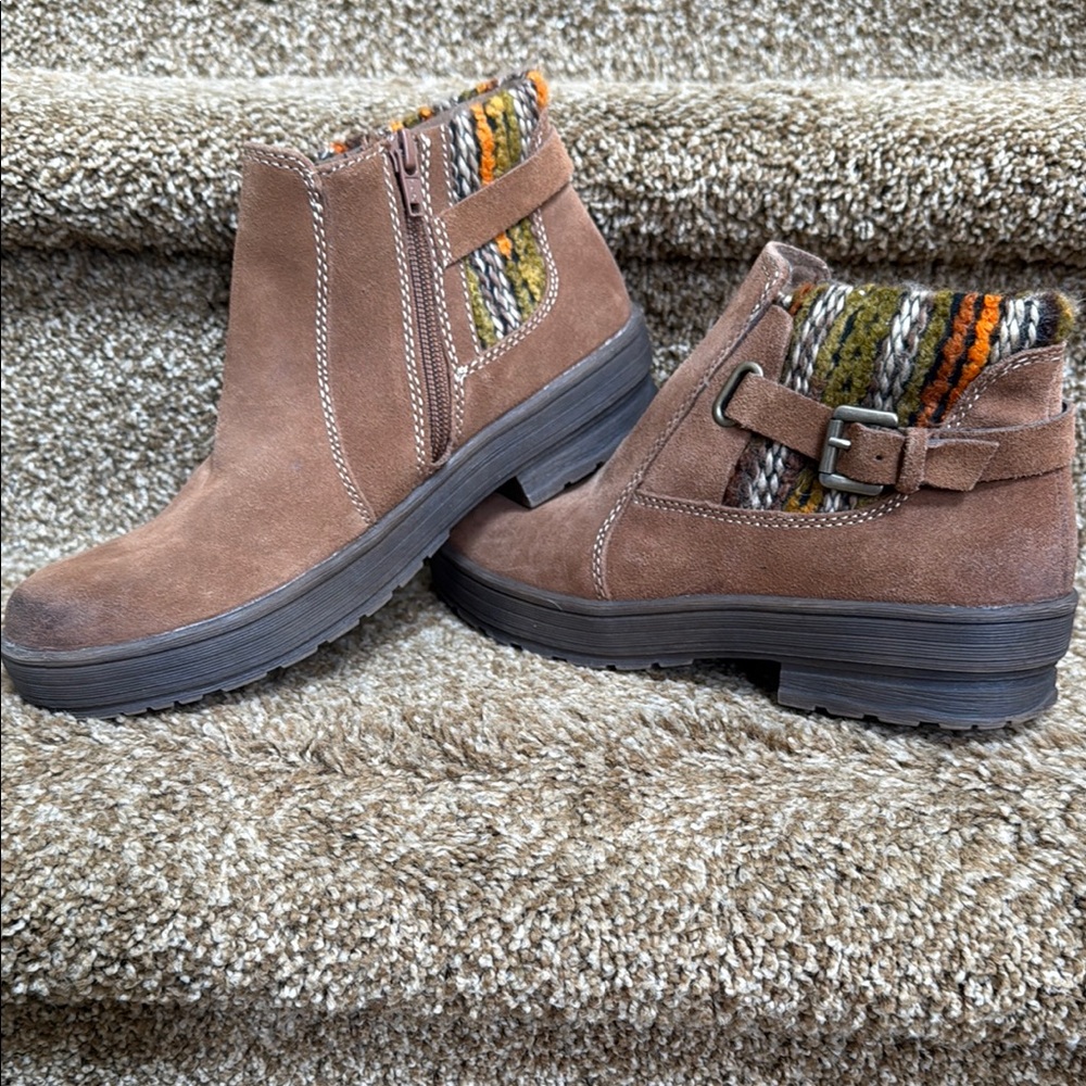 Brown Ankle Boots with Multicolor Knit Accent